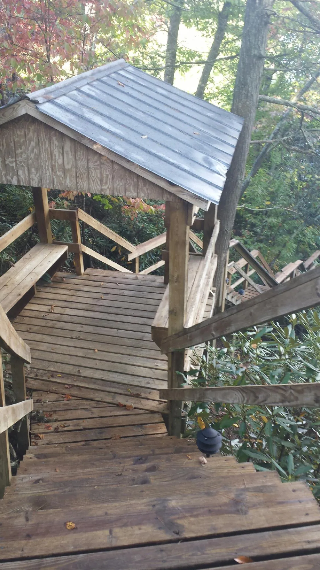 Metal roofed shelter over wooden steps on a wooded walkway — Skylight Repair & Installation work by our crew in Whiteland